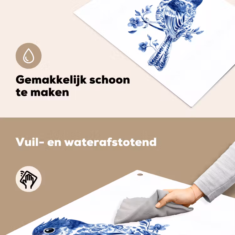 Vogel - Delfts blauw - Illustratie - Bloemen Inductie beschemer met haakjes klein -ky-schoon-nl