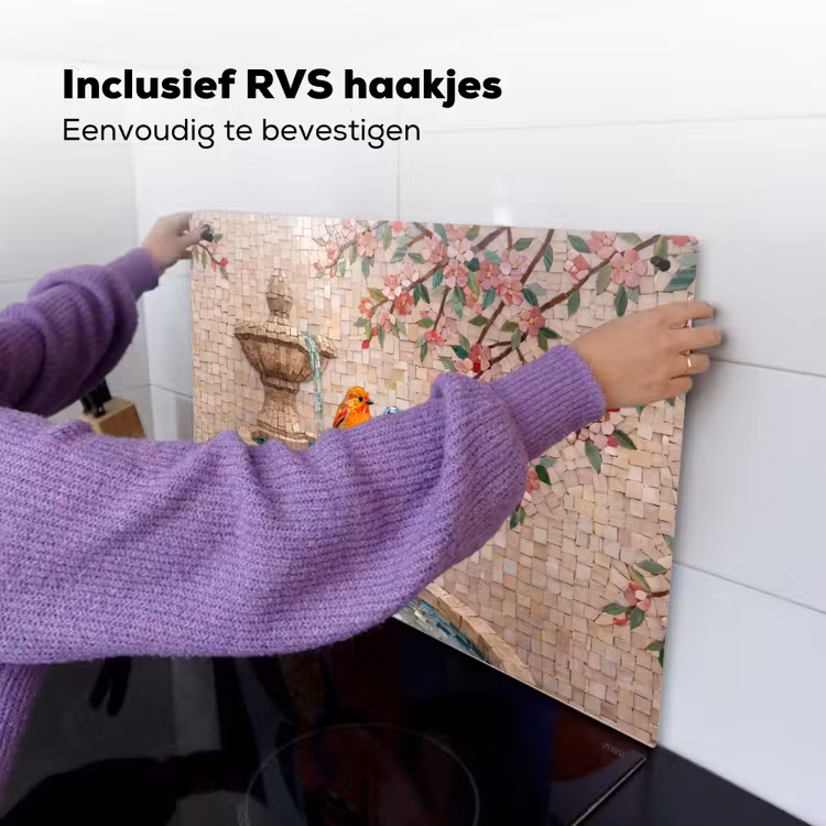 Vogel - fontein - mozaiek - kleurrijk - dieren Inductie beschemer met haakjes klein -ky-ophangen-nl