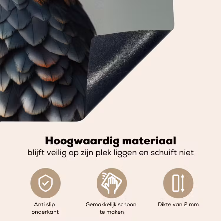 Vogel - Realistisch - Veren - Bruin Inductie beschemer met haakjes klein -ky-onderkant-nl