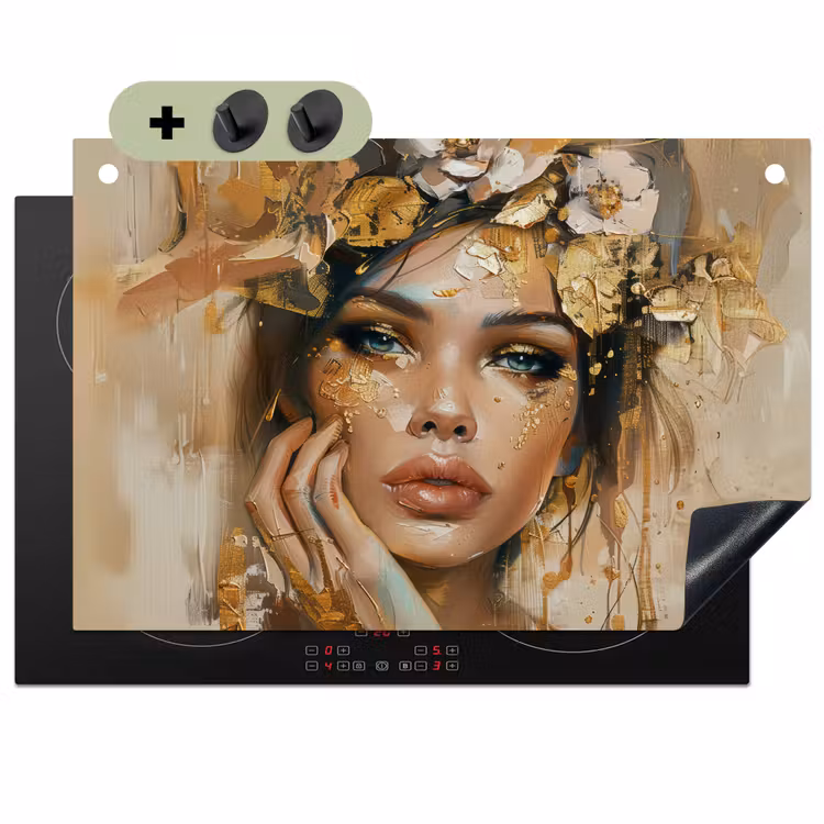 Vrouw - Bloemen - Goud - Portret Inductie beschemer met haakjes klein -3d