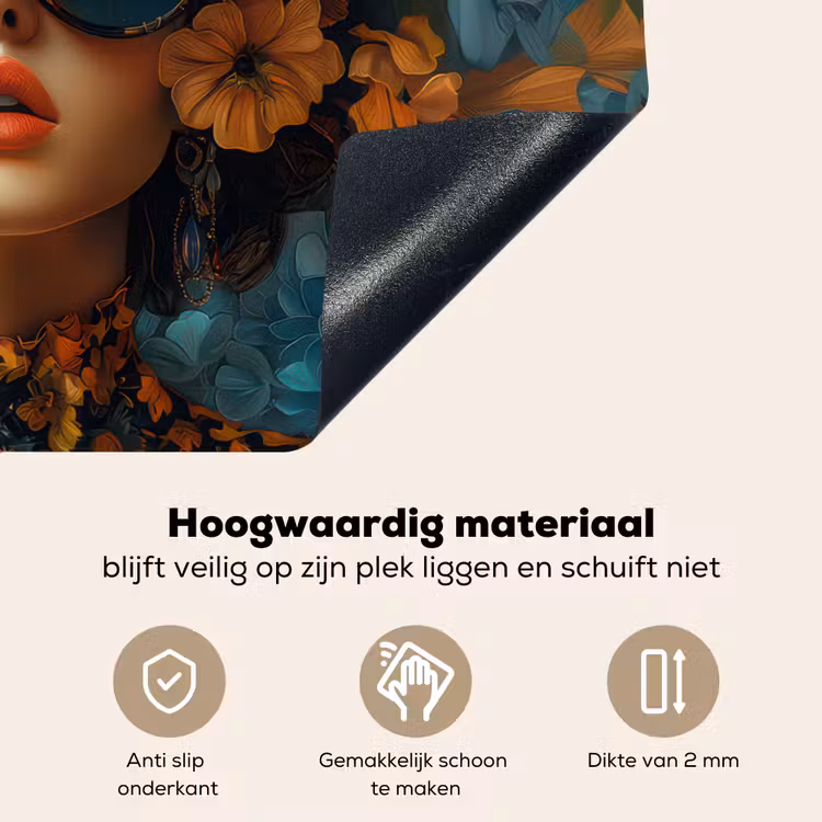 Vrouw - Bloemen - Oranje - Blauw - Modern Inductie beschemer met haakjes klein -ky-onderkant-nl