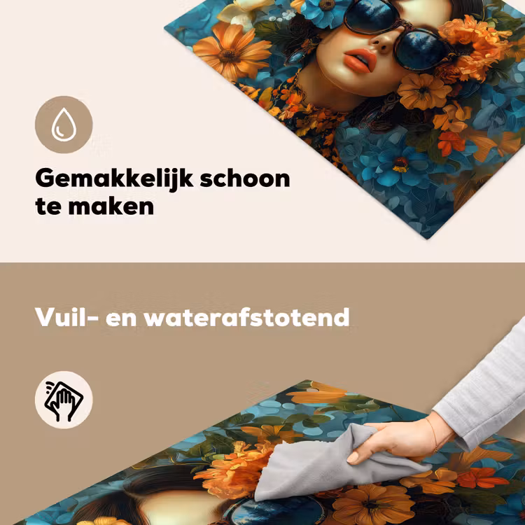 Vrouw - Bloemen - Oranje - Blauw - Modern Inductie beschemer met haakjes klein -ky-schoon-nl