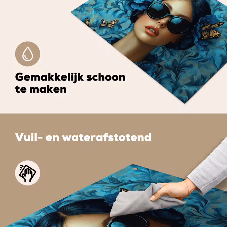 Vrouw - Bloemen - Vlinders - Blauw - Abstract Inductie beschemer met haakjes klein -ky-schoon-nl
