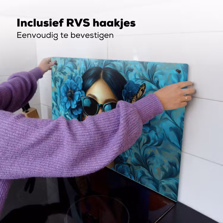 Vrouw - Bloemen - Vlinders - Blauw - Abstract Inductie beschemer met haakjes klein -ky-ophangen-nl