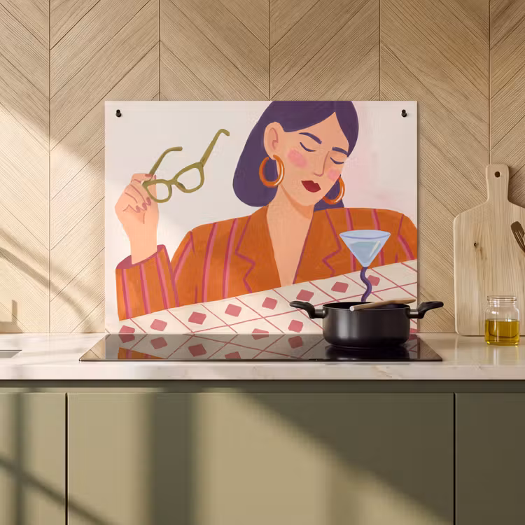 Vrouw - Bril - Cocktail - Illustratie - Modern Inductie beschemer met haakjes klein -sfeer2