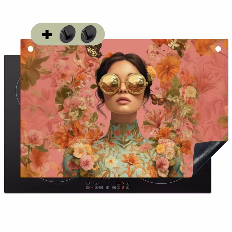 Vrouw - Bril - Roze - Bloemen Inductie beschemer met haakjes klein -3d
