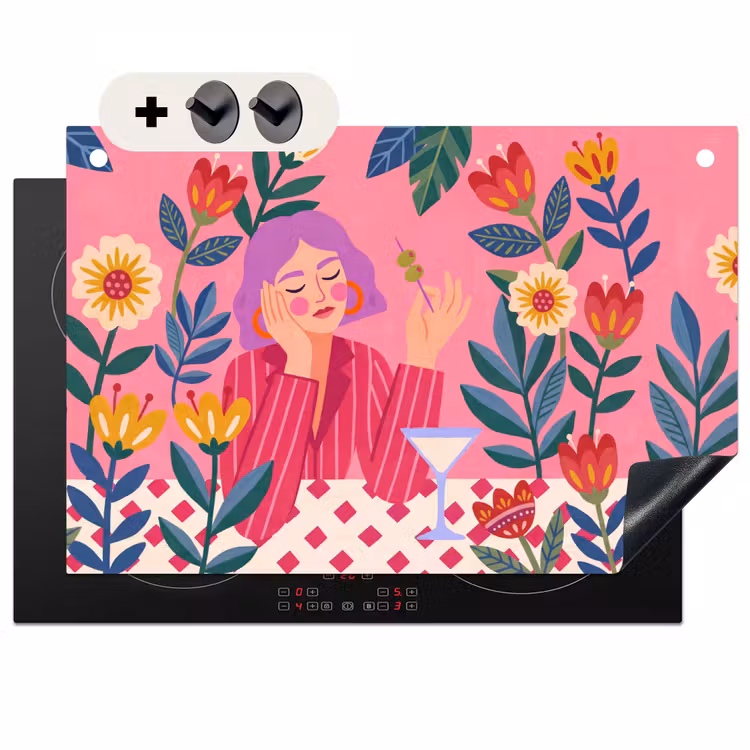 Vrouw - Cocktail - Bloemen - Modern - Roze Inductie beschemer met haakjes klein -3d