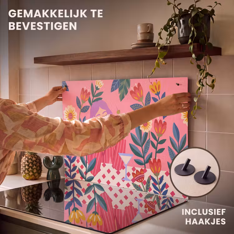 Vrouw - Cocktail - Bloemen - Modern - Roze Inductie beschemer met haakjes klein -ky-ophangen-nl