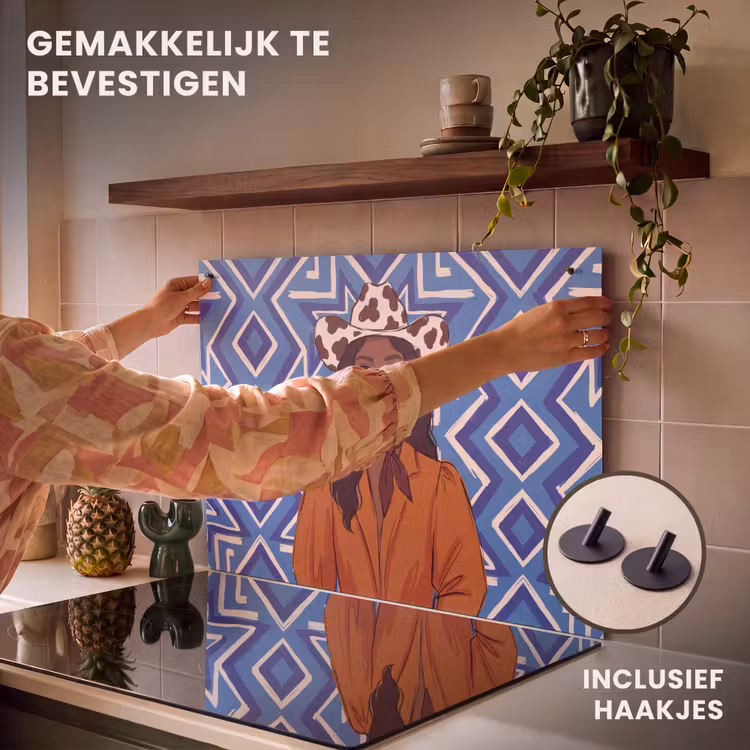 Vrouw - Cowboyhoed - Portret - Modern - Blauw Inductie beschemer met haakjes klein -ky-ophangen-nl