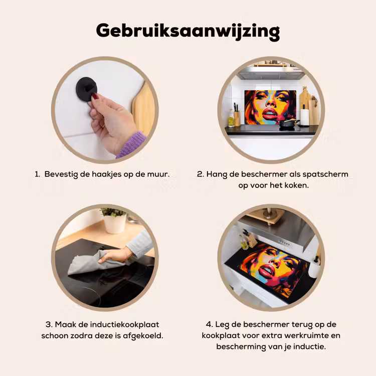 Vrouw - Gezicht - Kleurrijk Inductie beschemer met haakjes klein -ky-gebruik-nl
