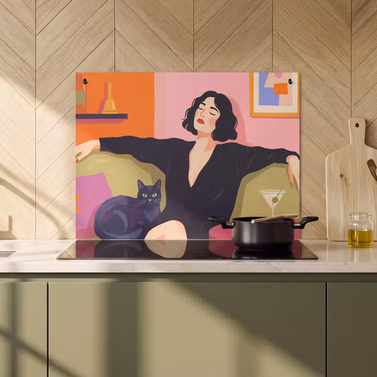 Vrouw - Kat - Interieur - Modern - Kleurrijk Inductie beschemer met haakjes klein -sfeer2