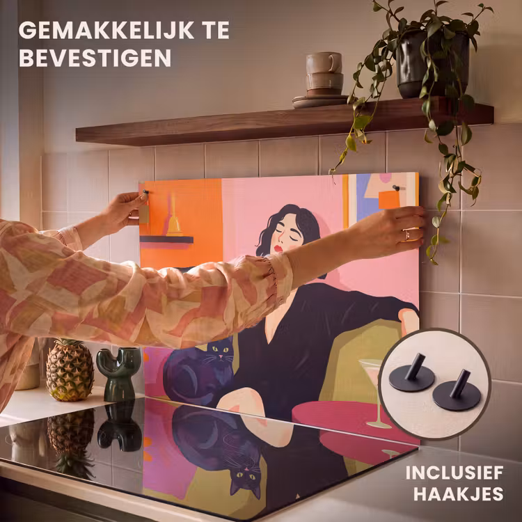 Vrouw - Kat - Interieur - Modern - Kleurrijk Inductie beschemer met haakjes klein -ky-ophangen-nl