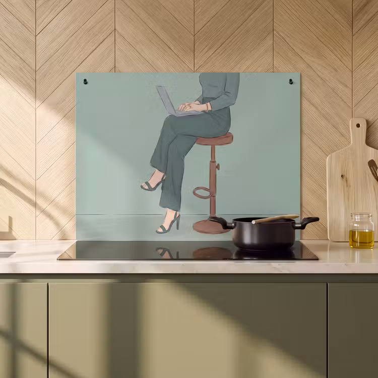 Vrouw - Laptop - Zittend - Illustratie - Groen Inductie beschemer met haakjes klein -sfeer2