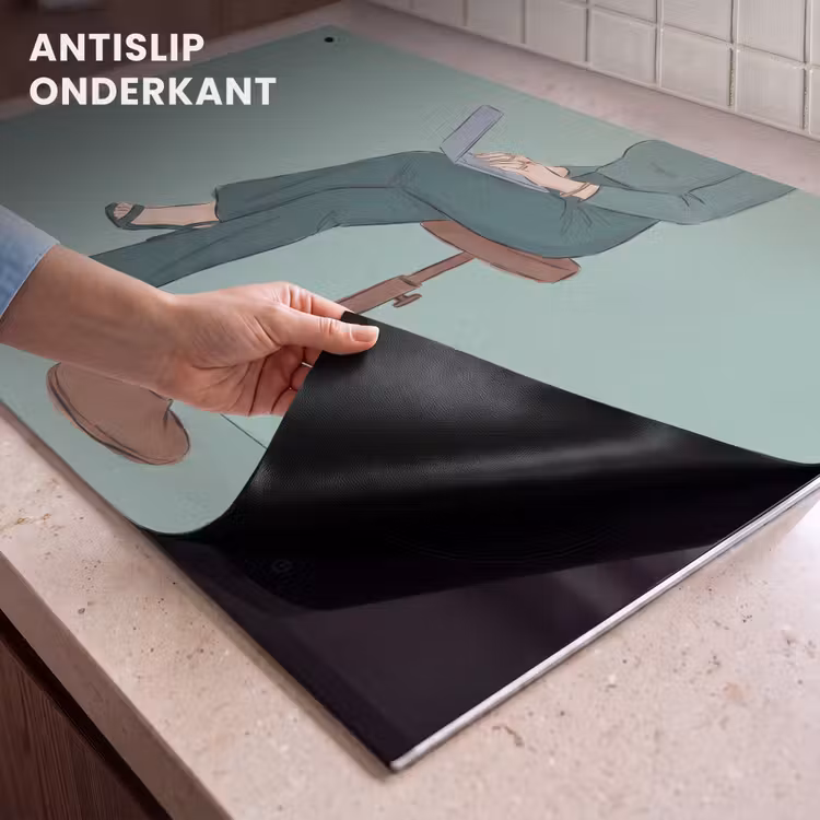 Vrouw - Laptop - Zittend - Illustratie - Groen Inductie beschemer met haakjes klein -ky-onderkant-nl