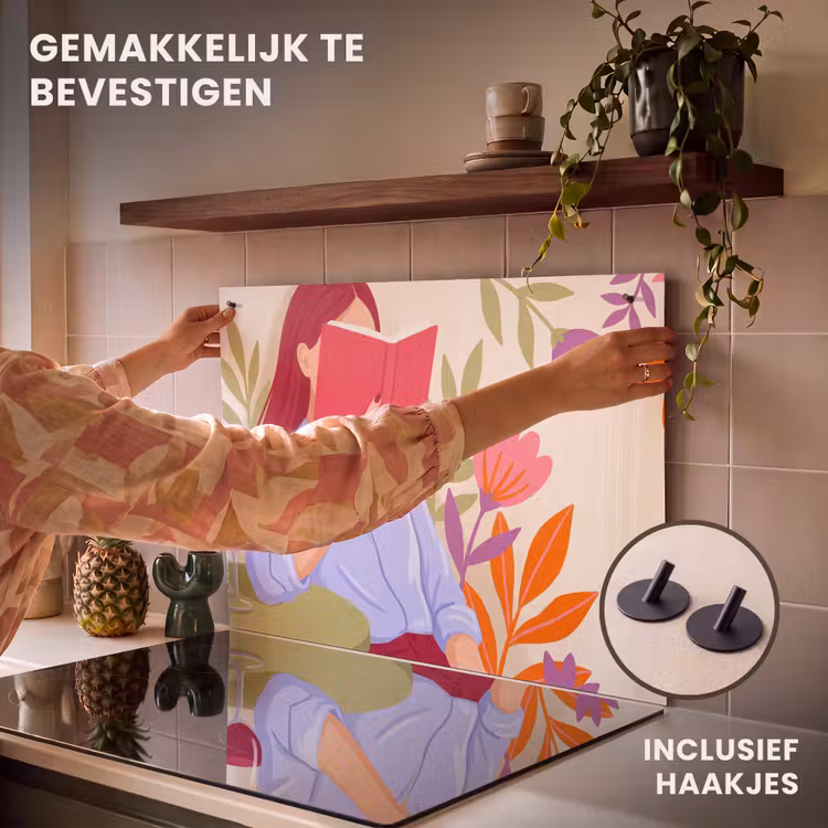 Vrouw - Lezen - Thuis - Modern - Bloemen Inductie beschemer met haakjes klein -ky-ophangen-nl