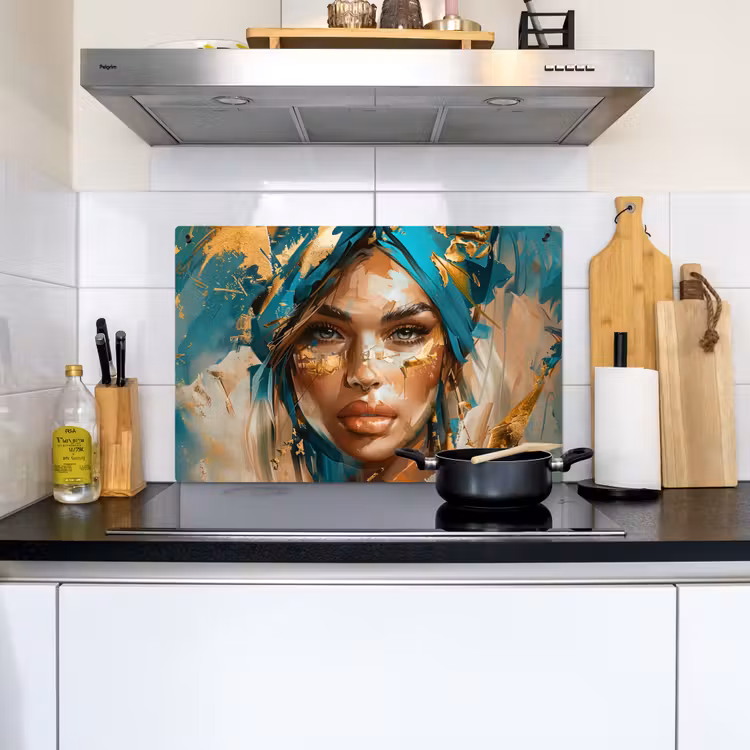 Vrouw - Portret - Goud - Luxe - Blauw Inductie beschemer met haakjes klein -sfeer2