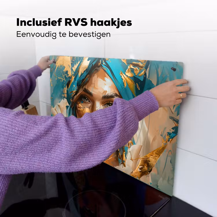 Vrouw - Portret - Goud - Luxe - Blauw Inductie beschemer met haakjes klein -ky-ophangen-nl