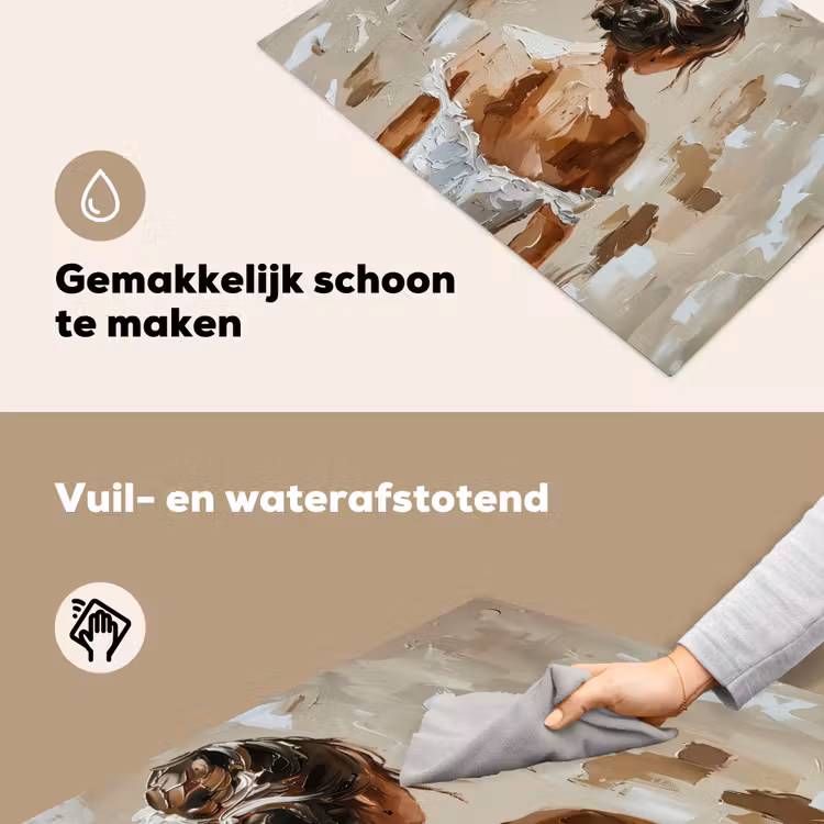 Vrouw - Verf - Abstract - Beige - Modern Inductie beschemer met haakjes klein -ky-schoon-nl