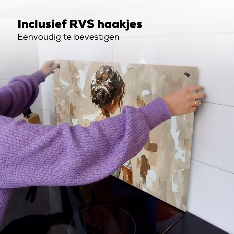 Vrouw - Verf - Abstract - Beige - Modern Inductie beschemer met haakjes klein -ky-ophangen-nl
