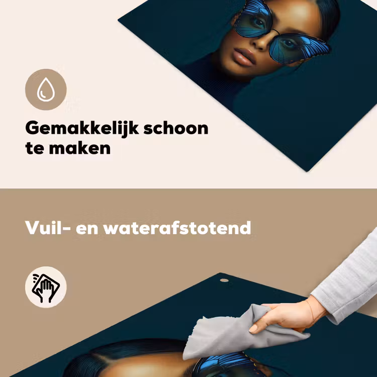 Vrouw - Vlinder - Bril - Blauw - Modern - Portret Inductie beschemer met haakjes klein -ky-schoon-nl