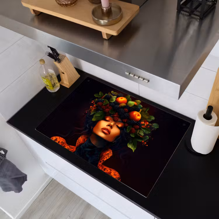 Vrouw - Zwart - Bessen - Bramen - Appels Inductie beschemer met haakjes klein -sfeer1