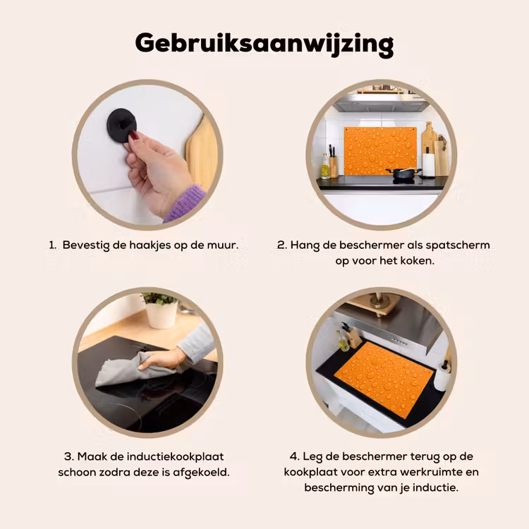 Water - Druppels - Oranje Inductie beschemer met haakjes klein -ky-gebruik-nl