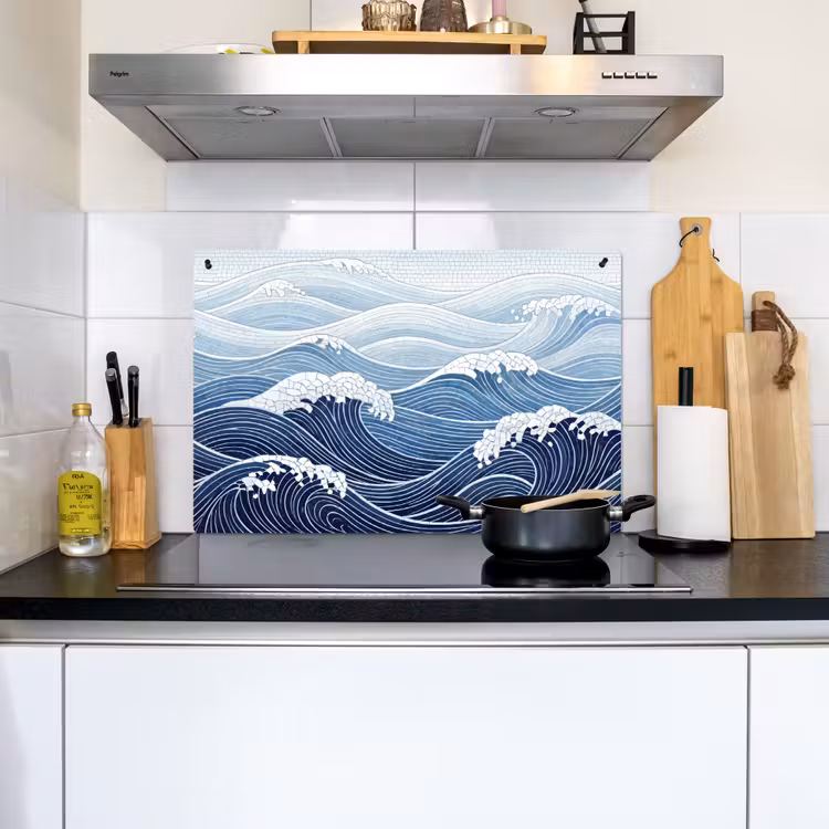 Water - Mozaïek - Landschap - Modern - Blauw Inductie beschemer met haakjes klein -sfeer2