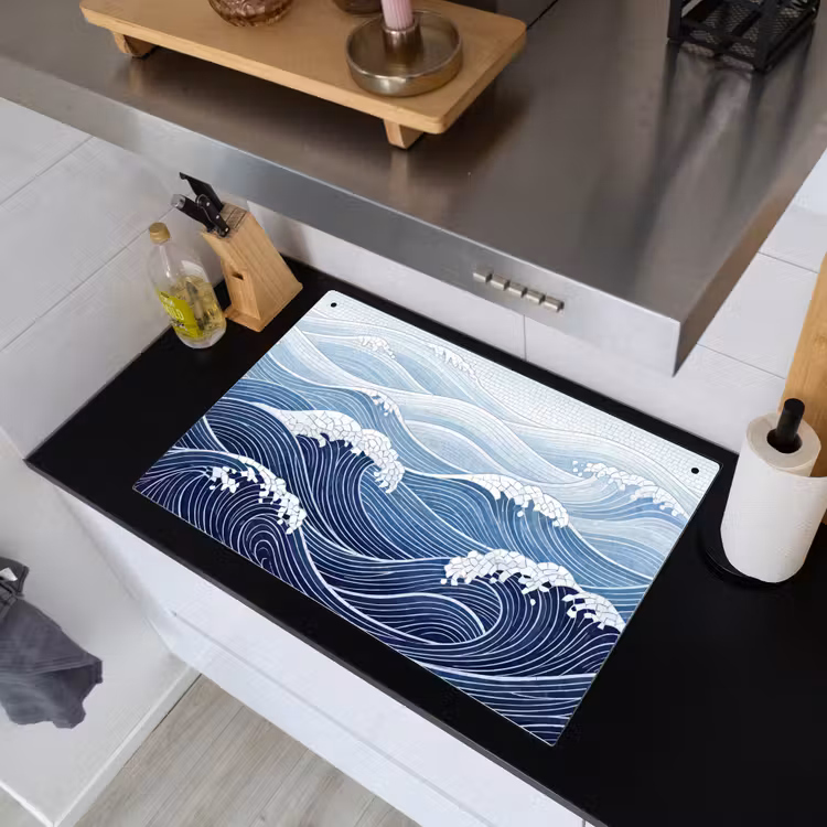 Water - Mozaïek - Landschap - Modern - Blauw Inductie beschemer met haakjes klein -sfeer1