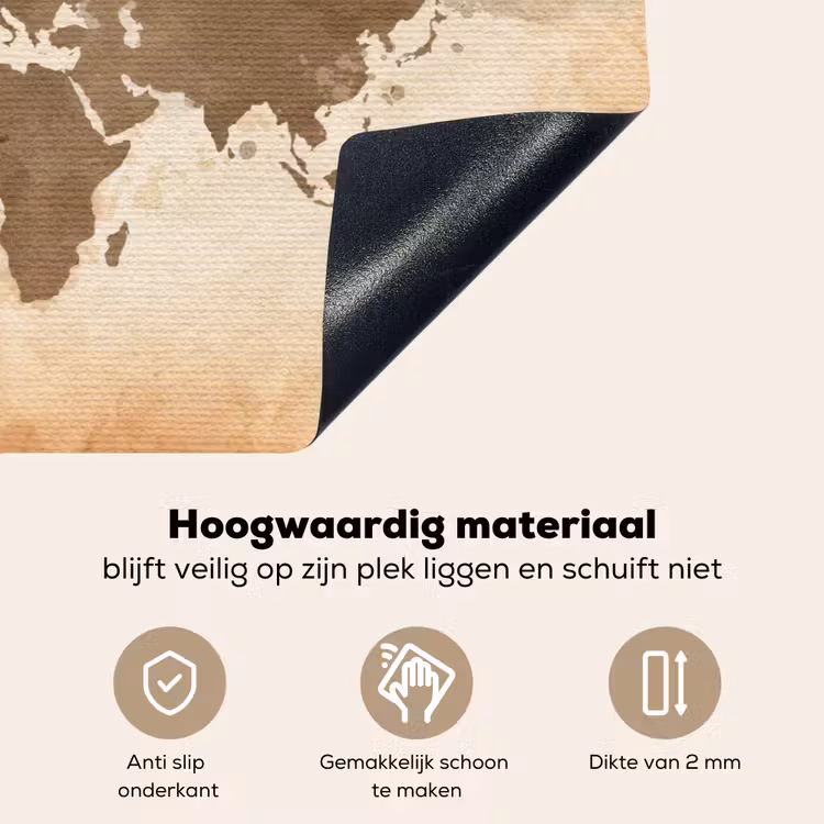 Wereldkaart - Beige - Bruin Inductie beschemer met haakjes klein -ky-onderkant-nl