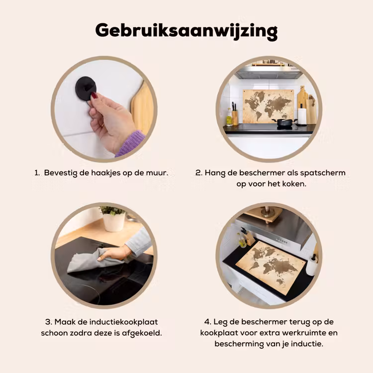 Wereldkaart - Beige - Bruin Inductie beschemer met haakjes klein -ky-gebruik-nl