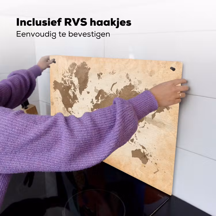 Wereldkaart - Beige - Bruin Inductie beschemer met haakjes klein -ky-ophangen-nl