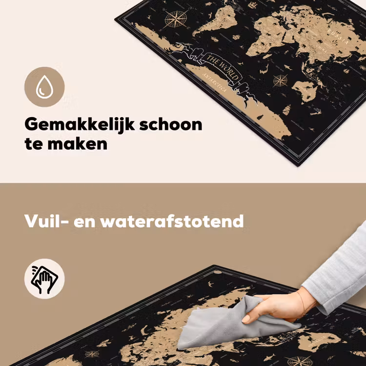 Wereldkaart - Beige - Zwart Inductie beschemer met haakjes klein -ky-schoon-nl