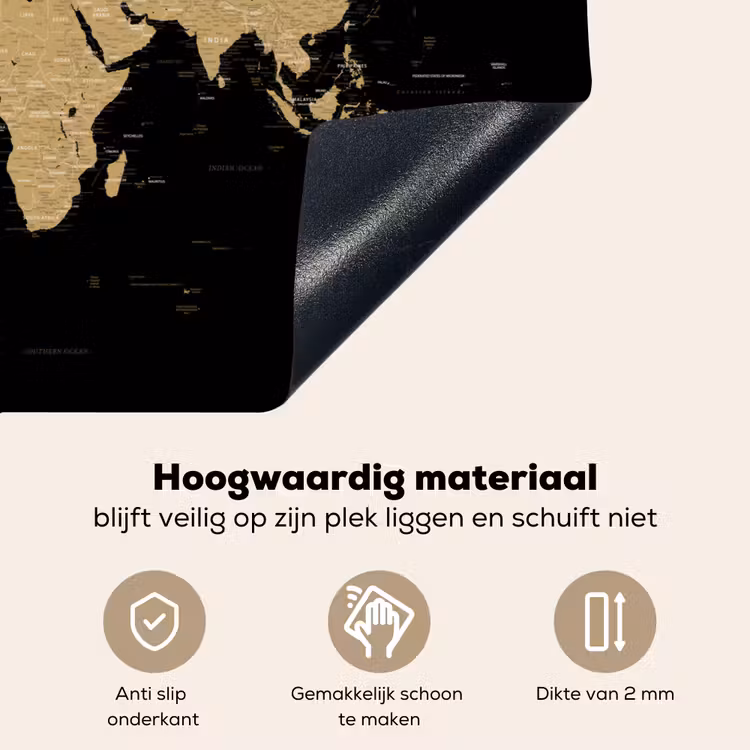 Wereldkaart - Beige - Zwart Inductie beschemer met haakjes klein -ky-onderkant-nl
