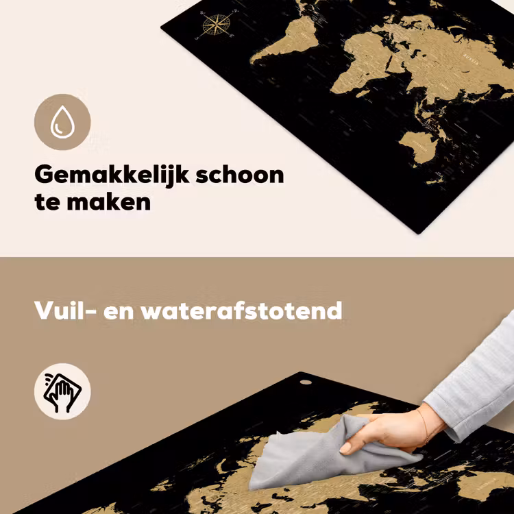 Wereldkaart - Beige - Zwart Inductie beschemer met haakjes klein -ky-schoon-nl