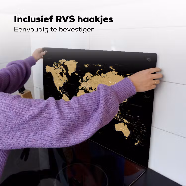 Wereldkaart - Beige - Zwart Inductie beschemer met haakjes klein -ky-ophangen-nl