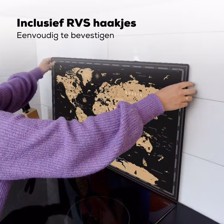 Wereldkaart - Beige - Zwart Inductie beschemer met haakjes klein -ky-ophangen-nl