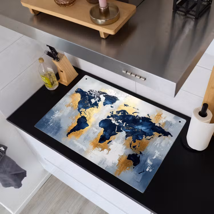 Wereldkaart - Blauw - Abstract Inductie beschemer met haakjes klein -sfeer1