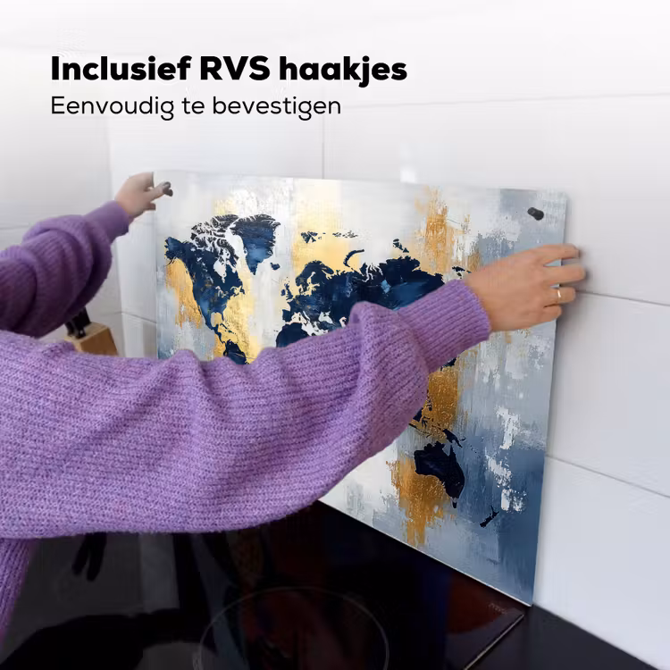 Wereldkaart - Blauw - Abstract Inductie beschemer met haakjes klein -ky-ophangen-nl
