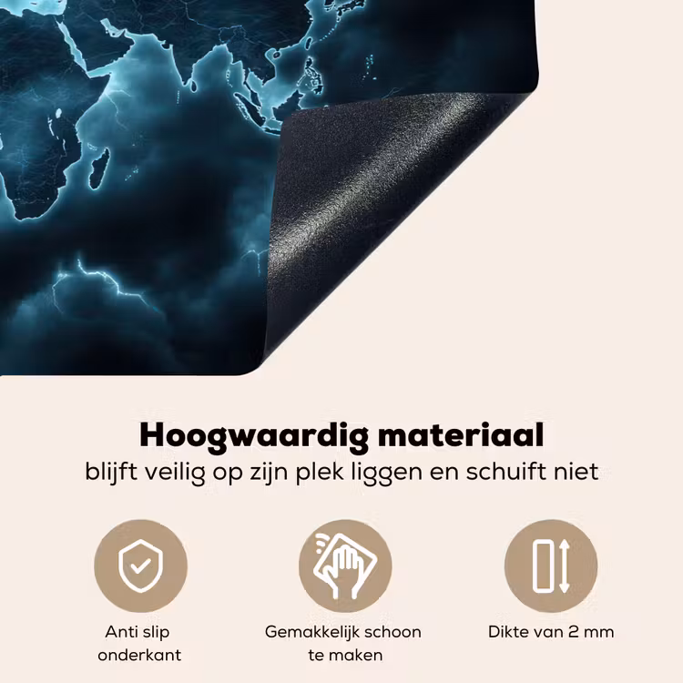 Wereldkaart - Bliksem - Blauw Inductie beschemer met haakjes klein -ky-onderkant-nl