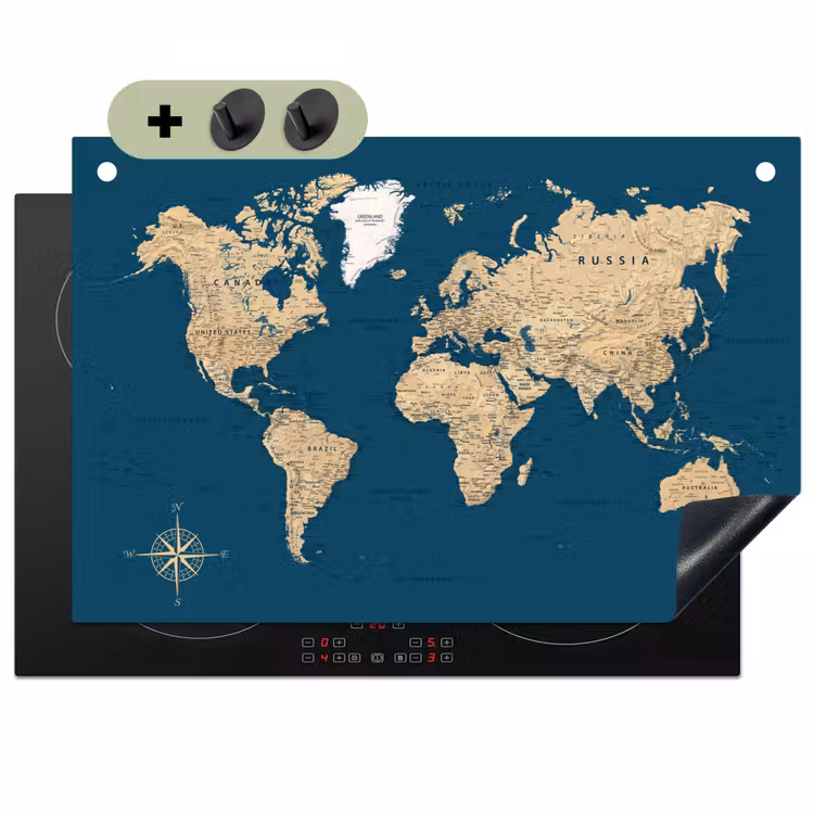 Wereldkaart - Donkerblauw - Beige Inductie beschemer met haakjes klein -3d