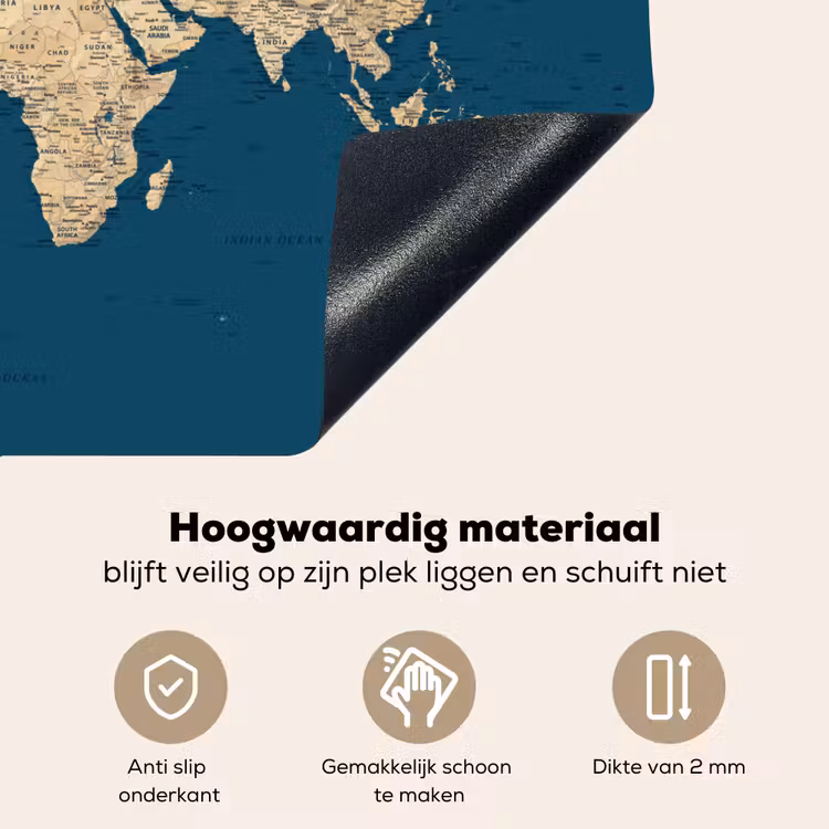 Wereldkaart - Donkerblauw - Beige Inductie beschemer met haakjes klein -ky-onderkant-nl