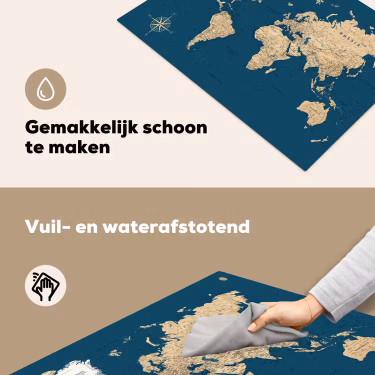Wereldkaart - Donkerblauw - Beige Inductie beschemer met haakjes klein -ky-schoon-nl