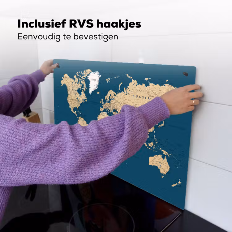 Wereldkaart - Donkerblauw - Beige Inductie beschemer met haakjes klein -ky-ophangen-nl