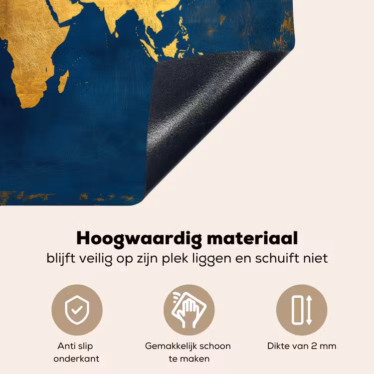 Wereldkaart - Goud - Donkerblauw Inductie beschemer met haakjes klein -ky-onderkant-nl