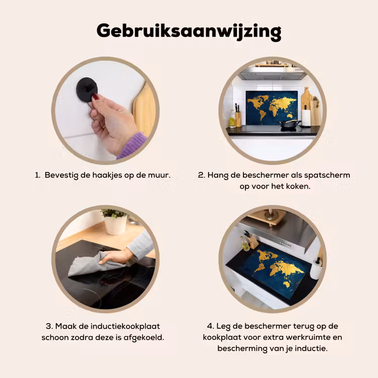 Wereldkaart - Goud - Donkerblauw Inductie beschemer met haakjes klein -ky-gebruik-nl