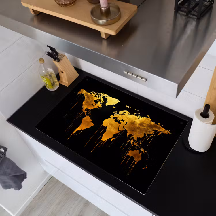 Wereldkaart - Goud - Druipen - Zwart Inductie beschemer met haakjes klein -sfeer1