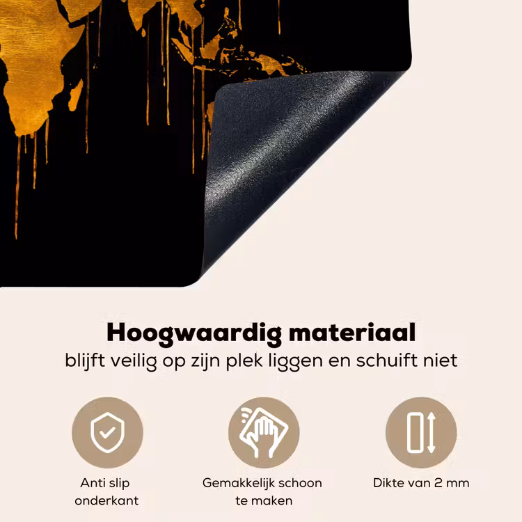 Wereldkaart - Goud - Druipen - Zwart Inductie beschemer met haakjes klein -ky-onderkant-nl