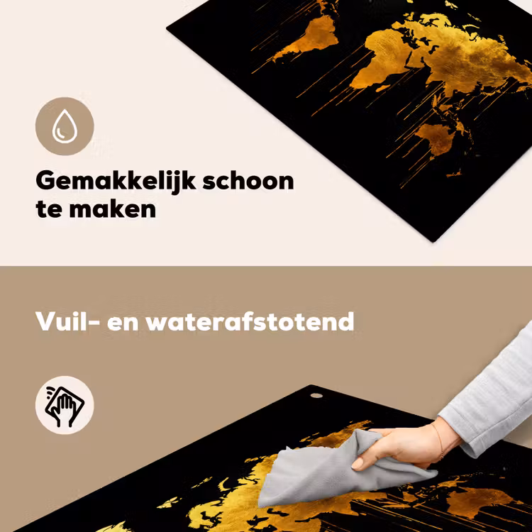 Wereldkaart - Goud - Druipen - Zwart Inductie beschemer met haakjes klein -ky-schoon-nl
