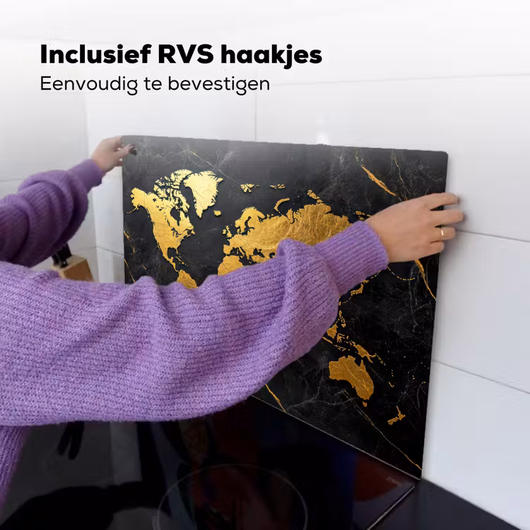 Wereldkaart - Goud - Marmer Inductie beschemer met haakjes klein -ky-ophangen-nl