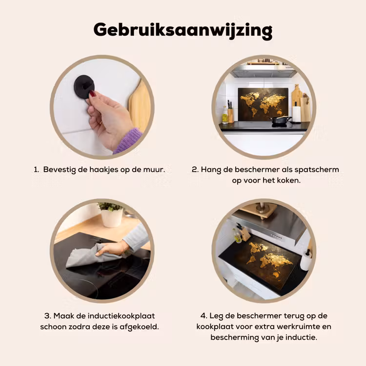 Wereldkaart - Goud - Roest Inductie beschemer met haakjes klein -ky-gebruik-nl